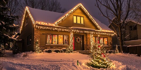 Fototapeta premium Cozy cabin-style house with warm Christmas lights glowing against a snowy background.