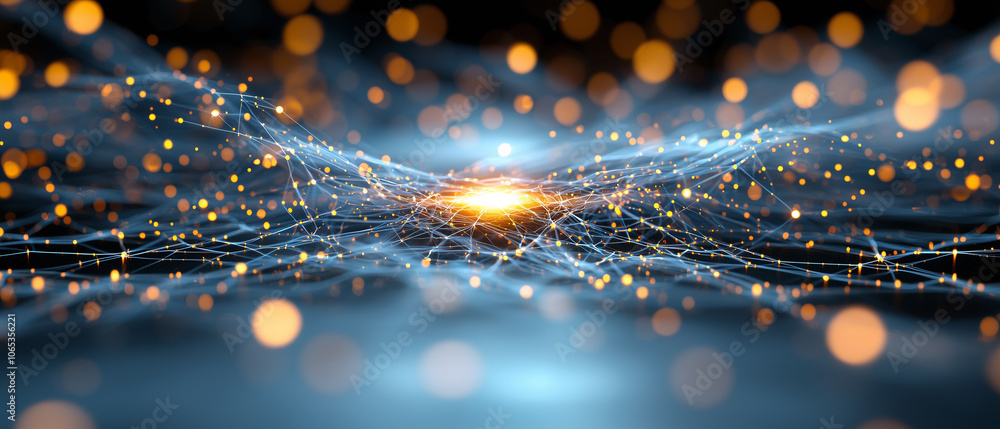 Poster glowing network of interconnected nodes and lines, illuminated by vibrant neon lights, creates futuristic and dynamic cityscape from bird eye view