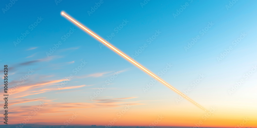 Poster glowing comet trail streaks across vibrant twilight sky, creating stunning celestial display. warm h