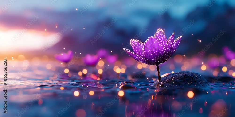 Poster glowing purple lotus flower surrounded by sparkling fireflies on tranquil pond at twilight, creating