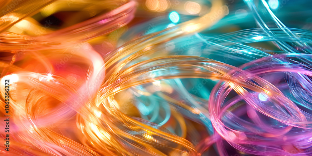 Aufkleber Vibrant glowing fiber optic strands swirl in abstract pattern, creating mesmerizing display of colorful light. dynamic movement and vivid hues evoke sense of energy and wonder