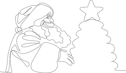Naklejka premium Outlined Cute Santa Claus Cartoon Character With A Sack Full Of Gifts. Vector Hand Drawn Illustration. One continuous line drawing Santa Claus on reindeer and sled. concept for Christmas and New Year