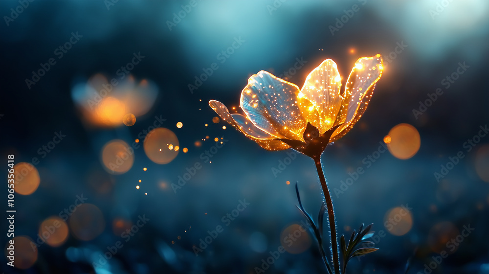 Poster glowing flower with sparkling petals illuminates dark background, creating magical and enchanting atmosphere