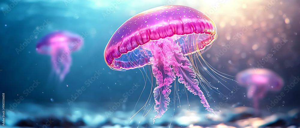 Poster glowing jellyfish in deep blue ocean, illuminating their surroundings with vibrant colors and ethere