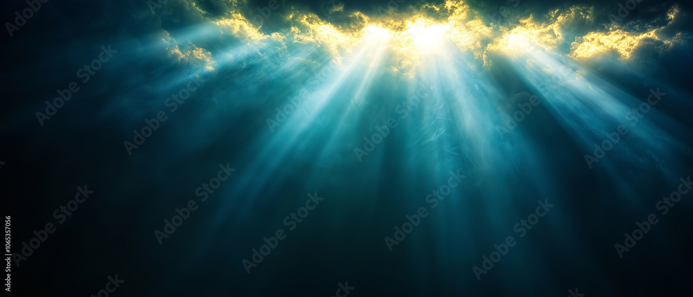 Poster Glowing light beams break through dense fog, creating mystical and serene atmosphere. interplay of light and shadow evokes sense of wonder and tranquility