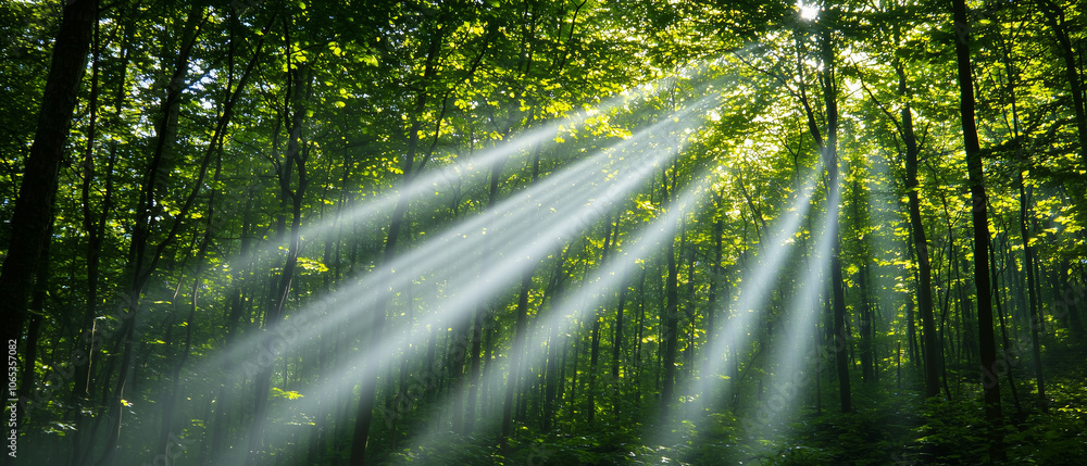 Poster sunlight beams break through dense forest canopy, creating serene and mystical atmosphere. lush gree