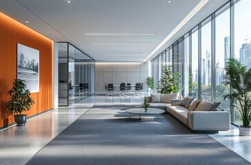 Fototapeta premium Modern open office space with gray carpet, vibrant orange accents, and green plants by full-height windows in a contemporary design setting