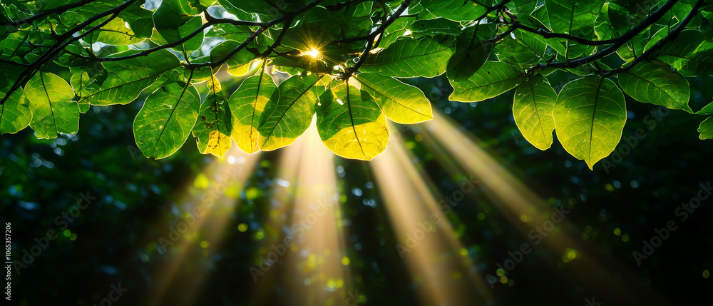 Poster sunlight beams through lush green leaves in dense forest, creating serene and magical atmosphere. vi