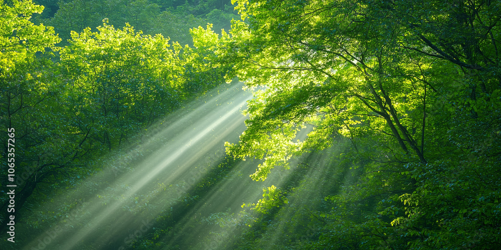 Poster sunlight beams break through dense green foliage in serene forest, creating peaceful and enchanting 