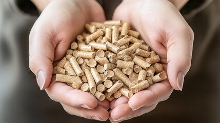 Close-up of hands holding a pile of wood pellets for use as biofuel or renewable energy source, with focus on texture and color.