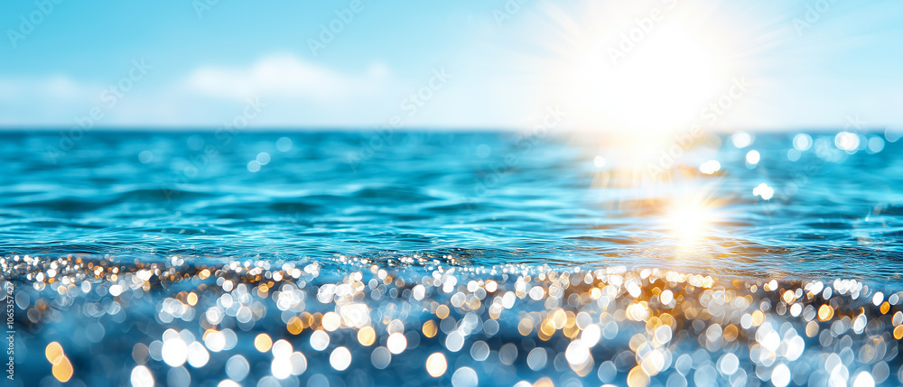 Poster bright sun shines over sparkling ocean, creating serene and tranquil atmosphere with shimmering reflections on water surface