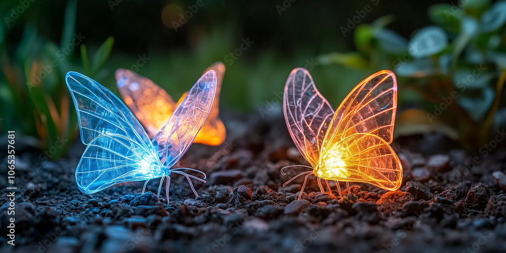 Poster glowing neon butterflies fluttering in dark garden, creating magical atmosphere with vibrant colors 