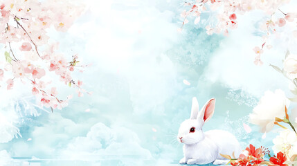 Obraz premium A cute white rabbit surrounded by soft pastel colors and blossoms, sitting gracefully on a serene background, perfect for spring-themed designs.