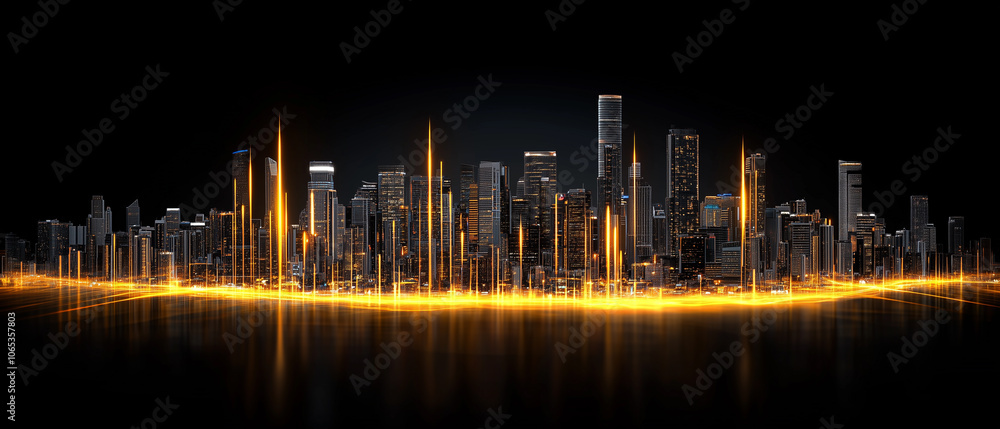 Poster glowing neon lines trace outline of cityscape, creating vibrant and futuristic skyline against dark 