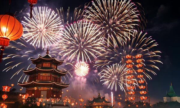 Fireworks and Festivities Photograph of Chinese new year fireworks celebrations on the chinese temple background