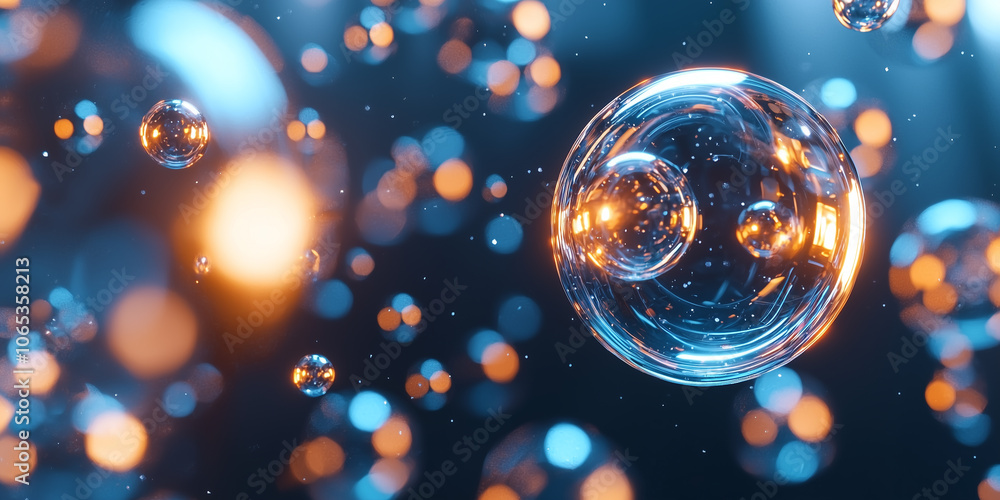 Poster glowing rainbow colored bubbles float in dark, serene atmosphere, creating magical and calming effec