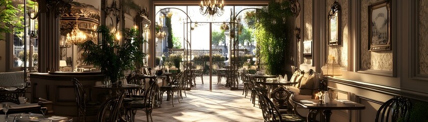 Interior of a Luxurious Restaurant with French Doors Leading to a Patio