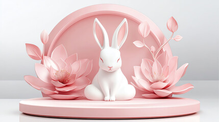 A serene white bunny surrounded by delicate pink lotuses, creating a gentle and peaceful atmosphere, ideal for spring themes and calming decor.