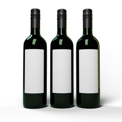 Three dark bottles of wine, with blank label, isolated on white background. Blank template. 