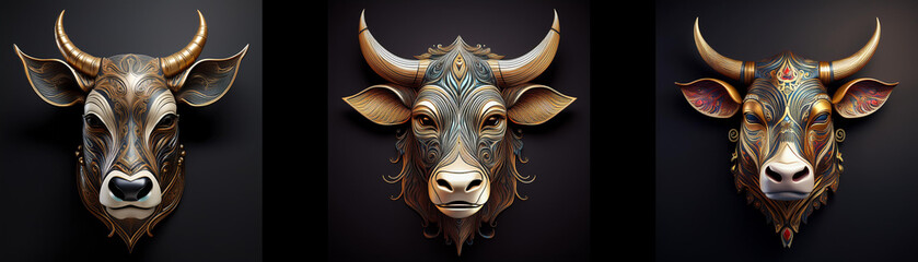 Obraz premium Three intricately decorated bull masks are isolated against a black background.