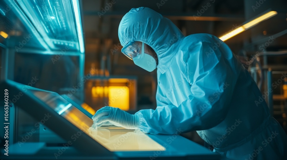 Poster a scientist in protective gear working in a lab, examining a sample on a light table.