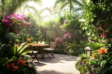 Lush Tropical Garden Filled with Vibrant Plants and Flowers