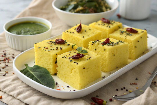 Famous Gujrati snack Dhokla made with gram flour and sugar syrup decorated with mint and tomato chutney. 