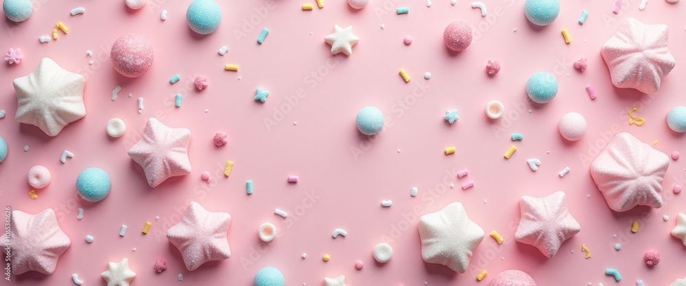 Poster a colorful background with a variety of candies and marshmallows. the candies and marshmallows are s