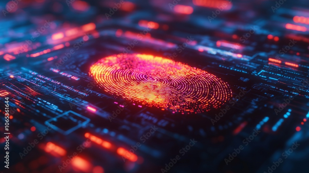 Poster a glowing fingerprint scan on a futuristic digital interface