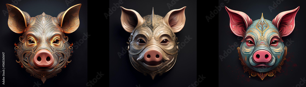 Poster three pig masks, isolated on a black background. the masks are crafted in a detailed and realistic m