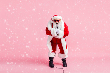 Full size photo crazy grey beard overweight santa claus magic x-mas celebrity sing mic christmas...