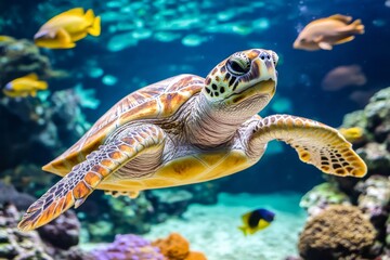 Obraz premium A vibrant sea turtle glides gracefully through a colorful underwater scene filled with coral and various fish species.