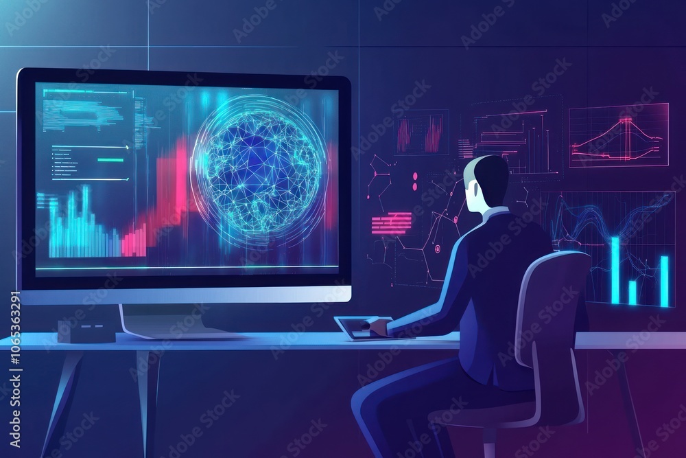 Poster focused science researcher analyzes graphs, diagrams and charts on screens at laboratory at night, i