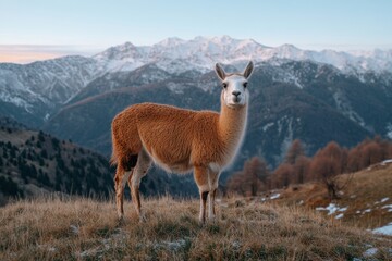 A lone llama stands on a grassy hill, framed by majestic mountains and a serene sky, capturing the beauty of nature in a tranquil setting.
