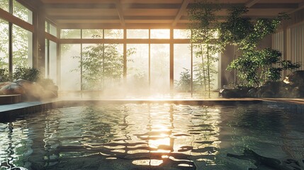 Fototapeta premium Relaxing indoor spa scene with a tranquil pool, warm sunlight streaming through large windows, and lush greenery creating a serene atmosphere.