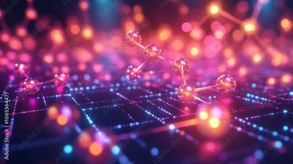 Poster a shiny, metallic molecule structure with colorful bokeh background