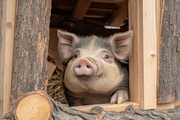 A curious pig peers out from a wooden barn window, showcasing its playful and friendly demeanor.