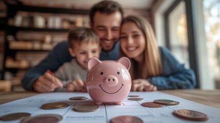 Piggy Bank on a Budget Sheet with Family in Background