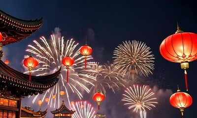 Fireworks and Festivities Photograph of Chinese new year fireworks celebrations on the chinese temple background