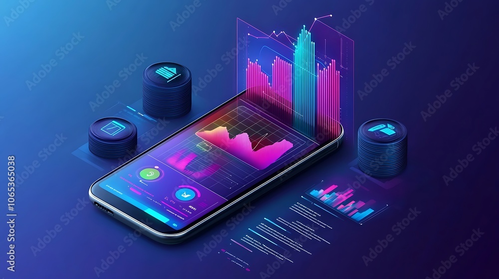 Poster isometric data analytics application depicting comprehensive online statistics