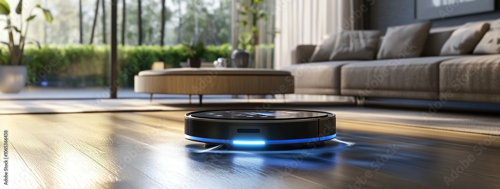 Poster 3d rendering of an ai robot vacuum cleaner in the center