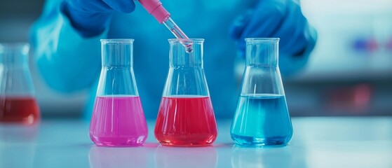 Laboratory scene with colorful liquids in flasks, showcasing the process of experimentation and research in a scientific environment.