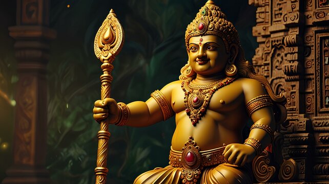 Kubera, the god of wealth, holding a golden staff, symbolizing the guardian of riches.