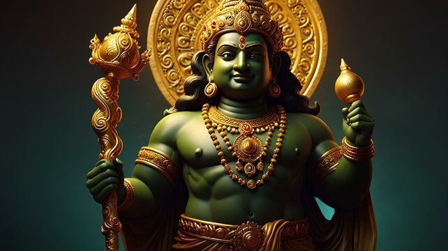 Kubera, the god of wealth, holding a golden staff, symbolizing the guardian of riches.