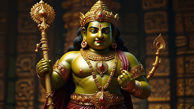 Kubera, the god of wealth, holding a golden staff, symbolizing the guardian of riches.