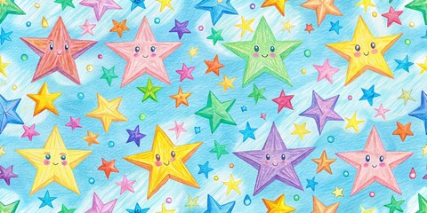 Cute Color Pencil Drawing of Seamless Background with Stars - Long Exposure Effect for Enchanting Night Sky Imagery