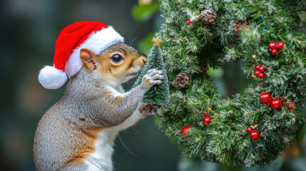 Obraz premium cute squirrel wearing Santa hat decorates Christmas wreath
