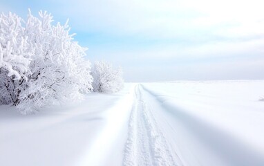 Obraz premium Winter scene with snow-covered trees and a clear sky, depicting a tranquil and serene landscape.