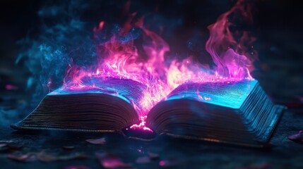 A burning book with neon flames in electric blue and pink
