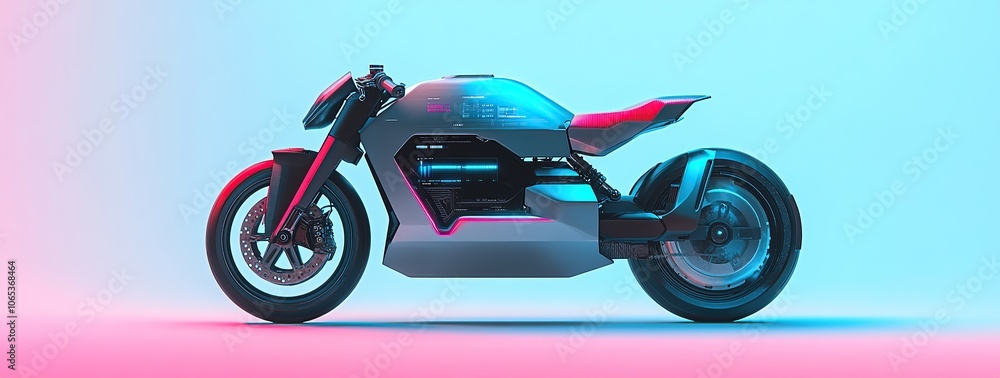 Poster 3d rendering of an electric motorcycle with data visualization elements in the background
